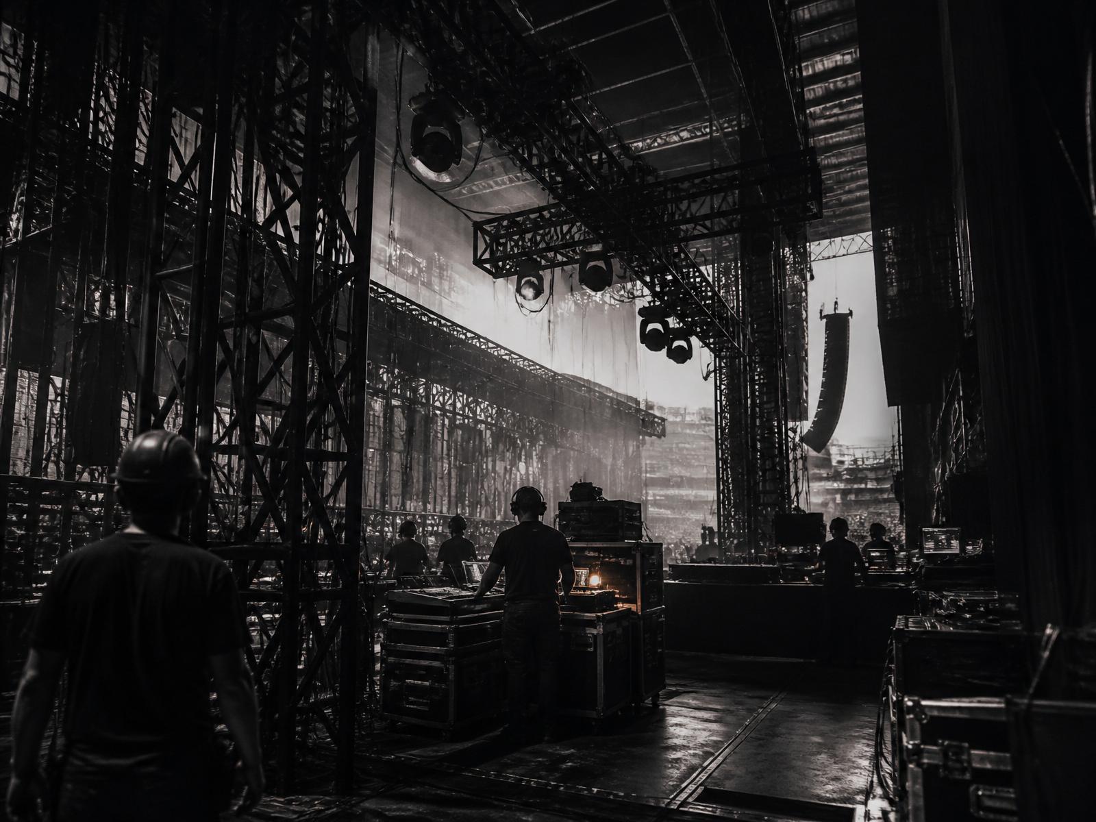 Production crew and lighting rigs behind a large concert stage